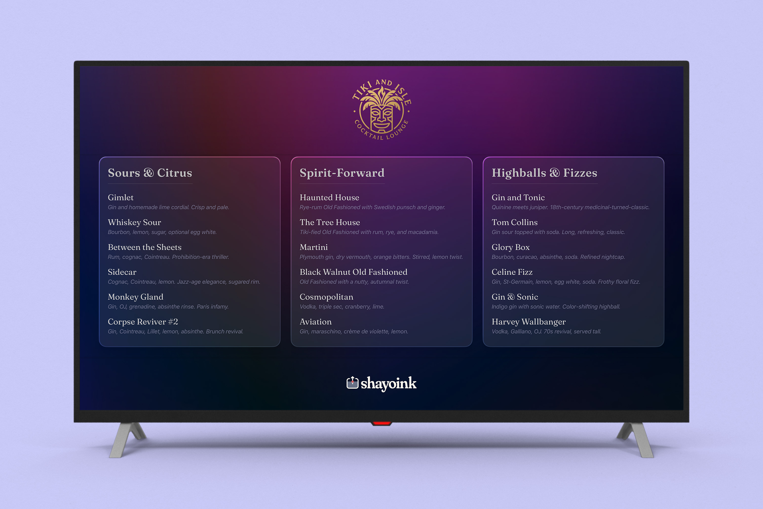 A shayoink cocktail menu on a TV display while hosting