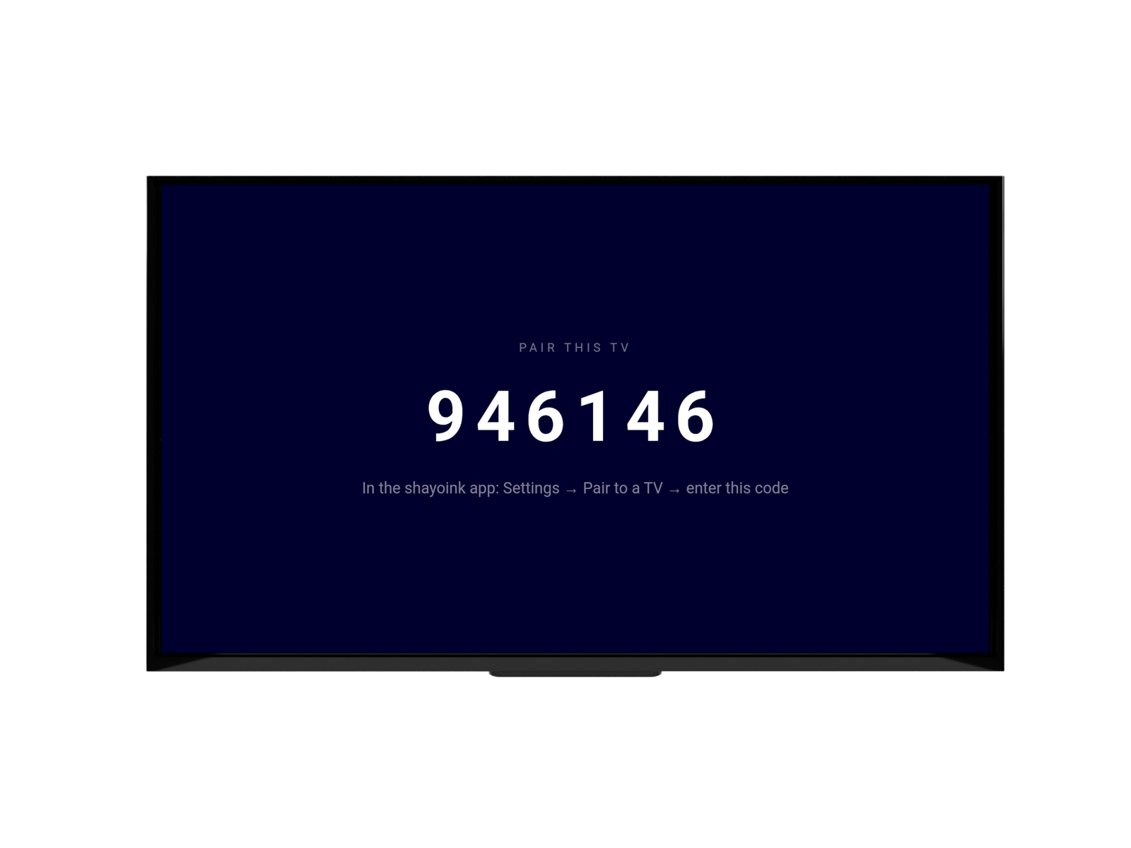 A TV showing the shayoink Fire TV pairing screen with a 6-digit code