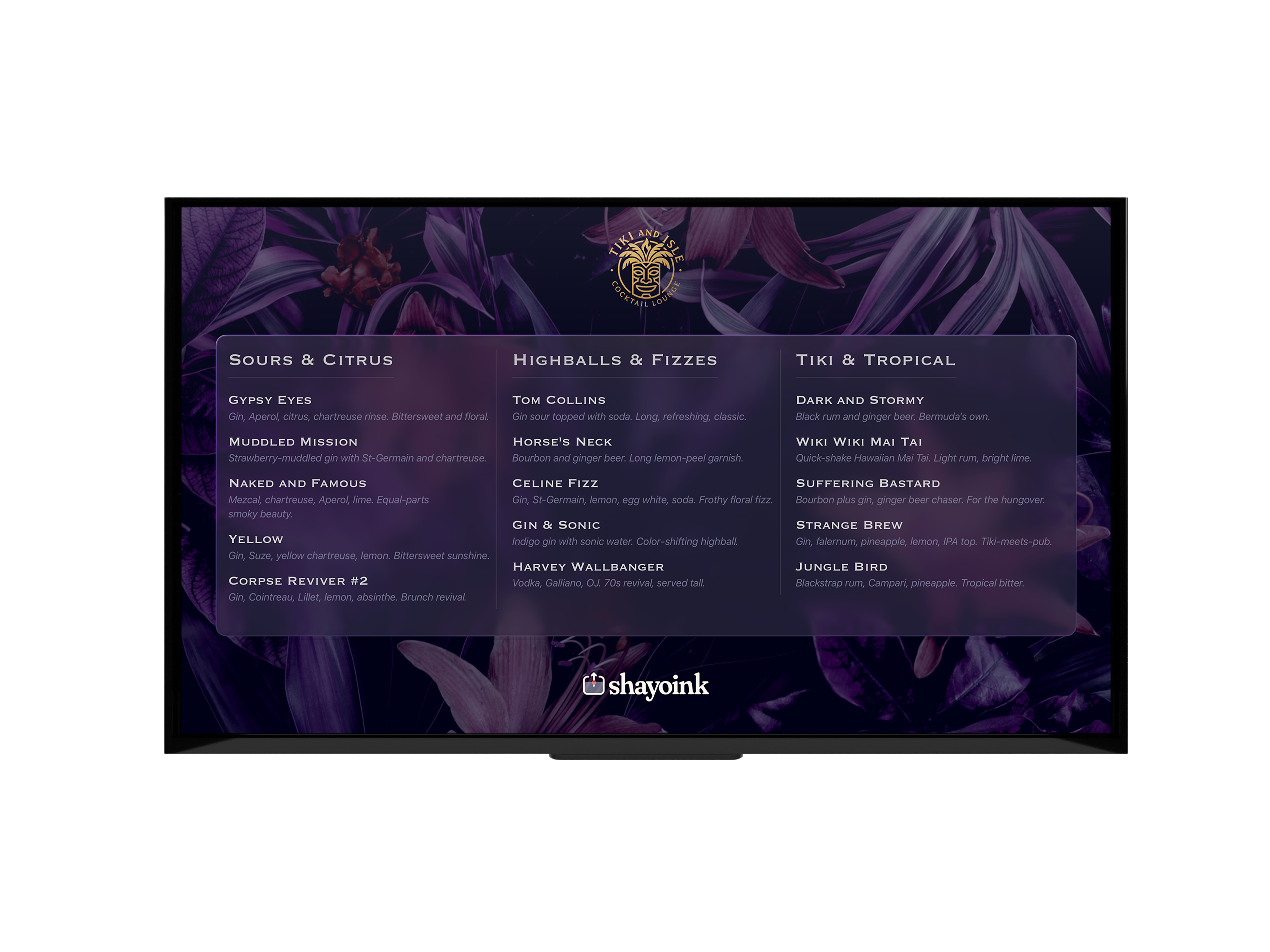 A shayoink cocktail menu displayed on a TV