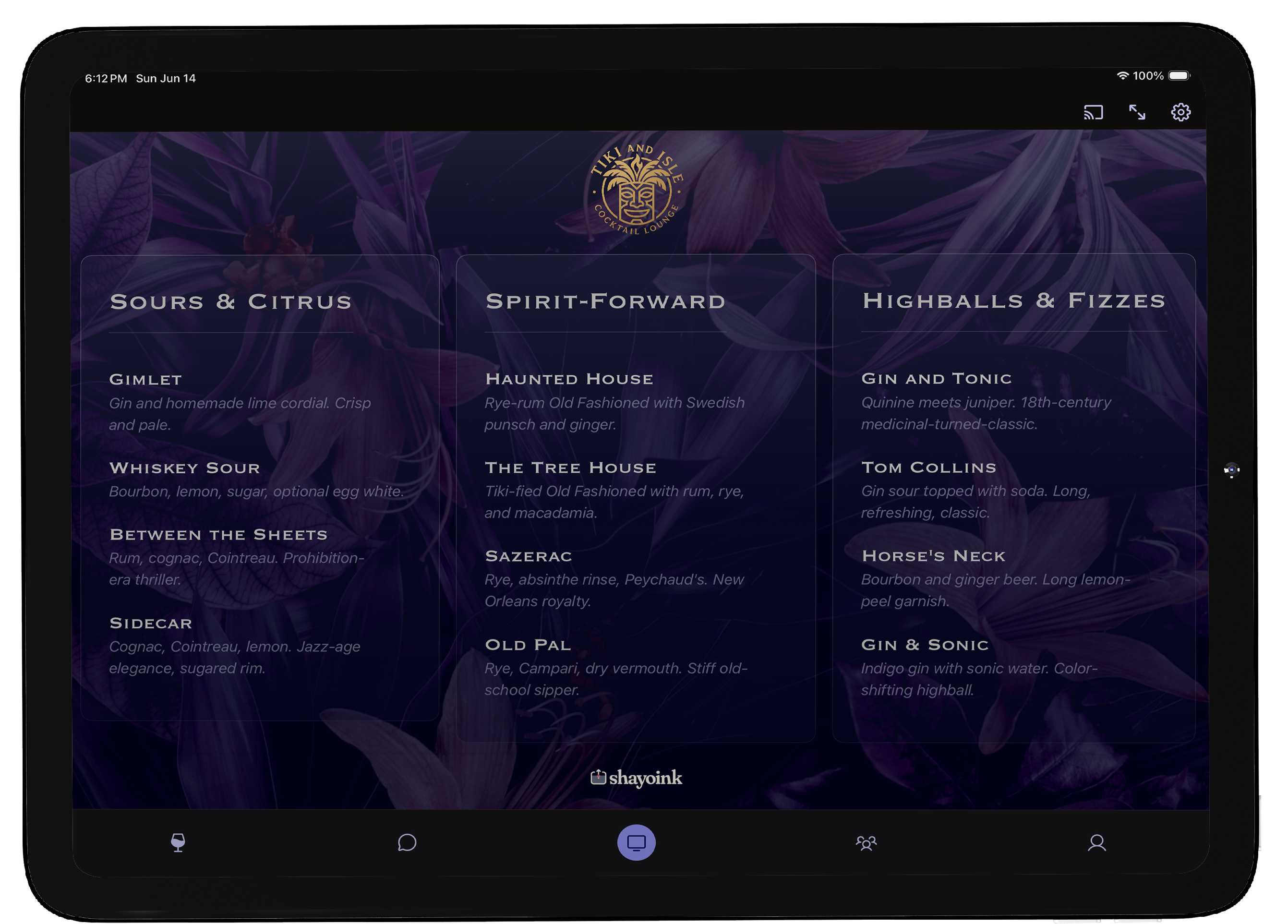 An iPad on a stand showing the shayoink menu board in fullscreen