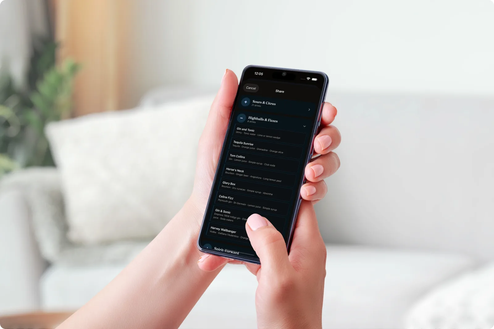 Sharing a cocktail menu from the shayoink app on a phone