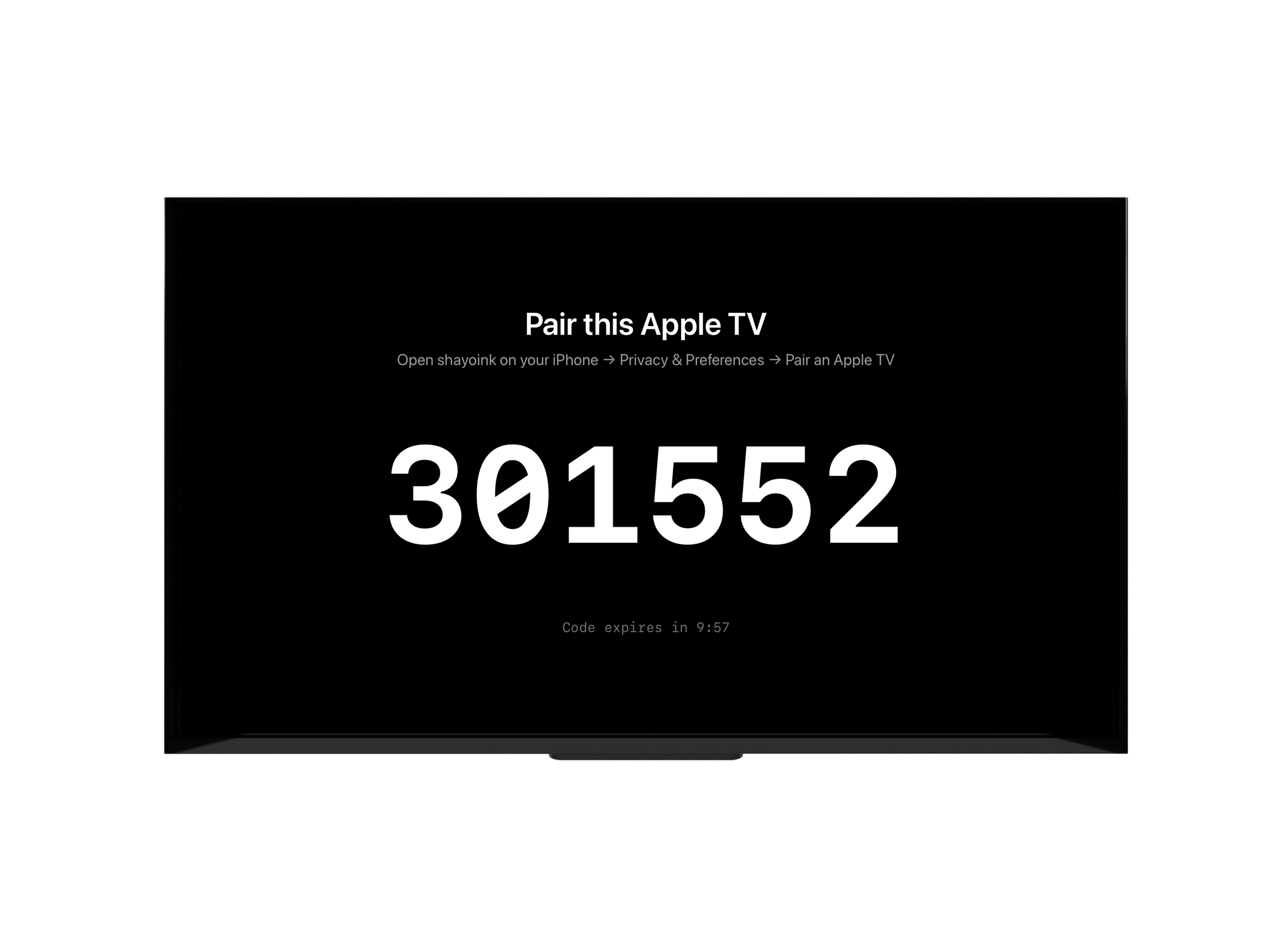 Apple TV showing a 6-digit pairing code and countdown, with the pairing sheet on iPhone